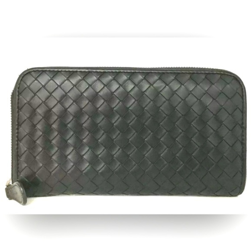 Bottega Veneta Intrecciato Lambskin Zip Around Long Wallet in Black Excellent